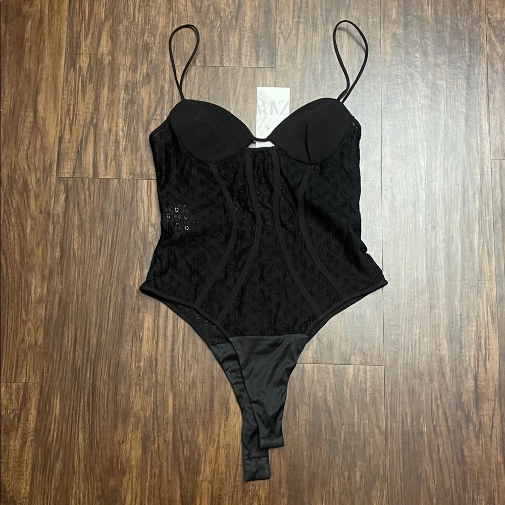 NWT Zara Strappy lace  bodysuit black size M - Picture 3 of 13